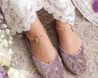 Lavender Embroidered Wedding Flats, Gold Floral Bridal Shoes, Boho Pakistani Khussa