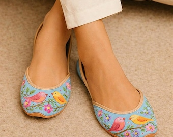 Sky Blue Bird Khussas: Hand-Painted Songbird Juttis for Whimsical Weddings & Casual Wear