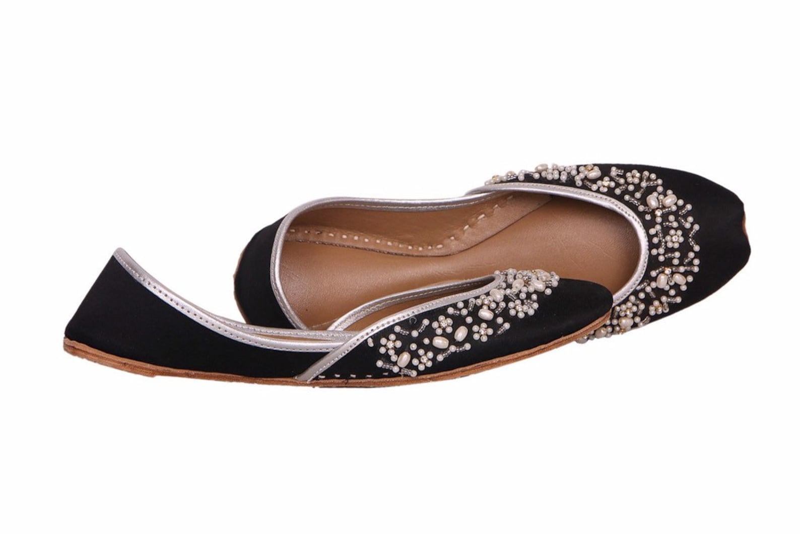 black base silver embellished ballet flat shoes black jutis black slip ons mojari black khussa