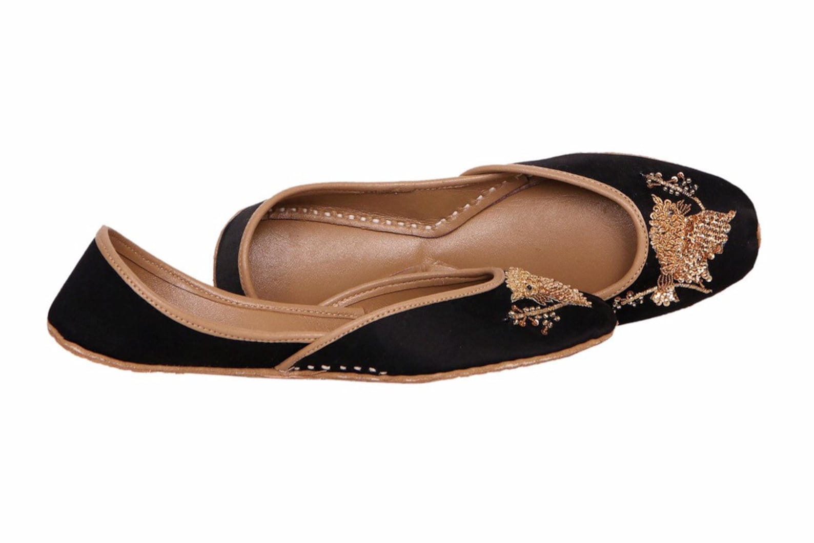 black base copper embellished ballet flat shoes black jutis black slip ons mojari black khussa