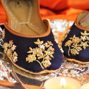 Midnight Blue Vibrance - Handmade Blue Embellished Ballet Flat Shoes Blue Slip Ons Blue Khussa Blue Juti Blue Mojari