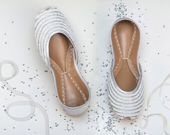 White Satin Wedding Flats: Beaded Indian Khussa Jutti Shoes