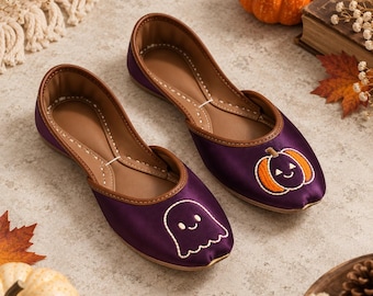Purple Satin Halloween Flats with Ghost and Pumpkin Embroidery, Handmade Jutti Shoes for Women