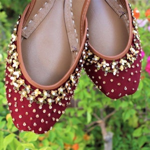 Bloom Scatter - Bridal Red Handmade Golden Embellished Women Flats Ballet Flats Red Khussa Juti Pearl Bridal Shoes Mojari Indian Juttis