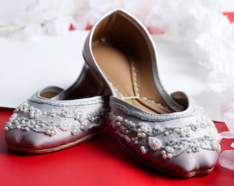 Pearl Chorus - Stunning Silver Embellished Ballet Pearl Wedding Flat Shoes Silver Jutis Grey Mojari Gray Khussa