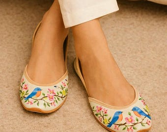 Hand Painted Bluebird Flats | Ivory Wedding Shoes | Nature Bridal Flats