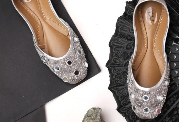 Mirror Sheen Grey Embellished Ballet Flat Shoes Grey Jutis Grey