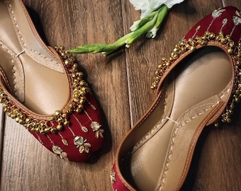 Chandelier Delicacy Maroon Bridal Flats Gold Ghungroo Embellished Wedding Juttis Khussa Christmas Shoes Ethnic Flats Festive Footwear