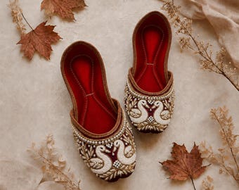 Maroon Bridal Flats with White Swan Embroidery, Pearl Wedding Jutti, Comfortable Indian Khussa Shoes