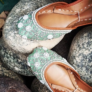 Mint Bridal Flats, Mint Green Satin Khussa with Green Beads, Pearls & Silver Dabka, Handmade Wedding Shoes, Elegant Flats, Wide Fit