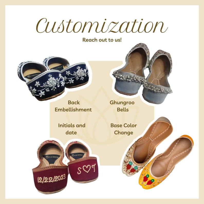 May include: Four pairs of women's flat shoes with different embellishments and colours. The shoes are customisable with initials, dates, and different coloured bases. The shoes have a pointed toe and a small heel. The shoes are decorated with silver bells, embroidered flowers, and red and yellow embroidery.