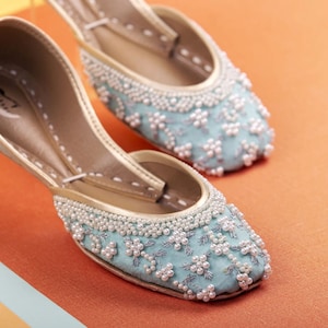 Pearl Ensemble - Stunning Sky Blue Embellished Ballet Pearl Wedding Flat Shoes Blue Jutis Blue Mojari Blue Khussa