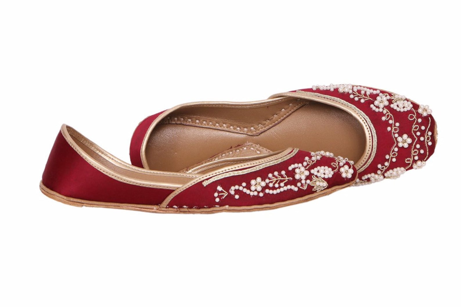 red base and pearl embellished ballet flat shoes red jutis red slip ons mojari red khussa