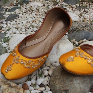 Yellow Satin Jutti: Golden Floral Embroidery, Handmade Indian Wedding Shoes