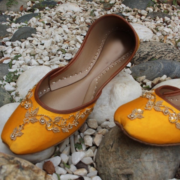 Dreamy Dandelion - Dandelion Yellow Embellished Ballet Flat Shoes Yellow Jutis Yellow Mojari Yellow Khussa Mehendi Shoes Mayun Jutti