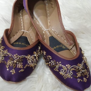 Winged Glory Handmade Embellished Purple Khussa Ballet Flats for Women Traditional Jutti Festive Comfortable Mojari Shoes for Wedding Events