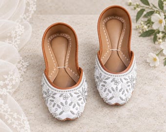 White Satin Wedding Flats with Silver Floral Beadwork