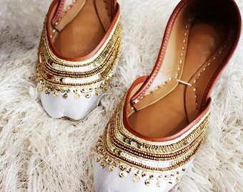 White & Gold Embellished Bridal Mojari Shoes: Handmade Indian Wedding Flats