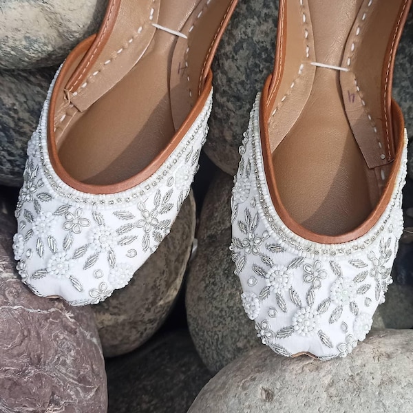 White Satin Bridal Shoes: Silver Embellished Floral Wedding Flats Juttis