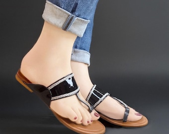 Midnight Charm Indian Kolhapuri Slippers – Glossy Black with Silver Braid | Handmade Ethnic Sandals
