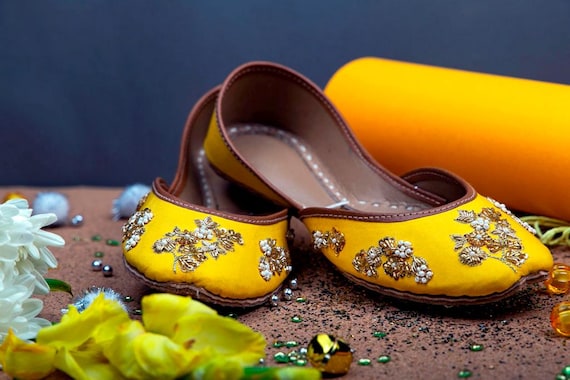 Yellow Dabka Sequin Jutti: Handmade Indian Wedding Bridal Flats for Brides