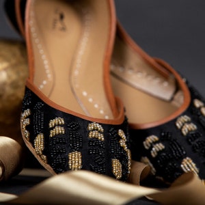 Noir Luxe Flats, Black Satin Jutti with Geometric Gold & Black Bead Embroidery, Handmade Khussa, Festive Shoes, Wide Fit