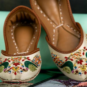 Peacock Love - Ivory Flat Shoes Women Ballet Flats Handmade Khussa Ballet Flats Mojari for Women Satin Indian Juttis