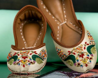 Ivory Bridal Flats Embroidered Boho Peacock Wedding Shoes
