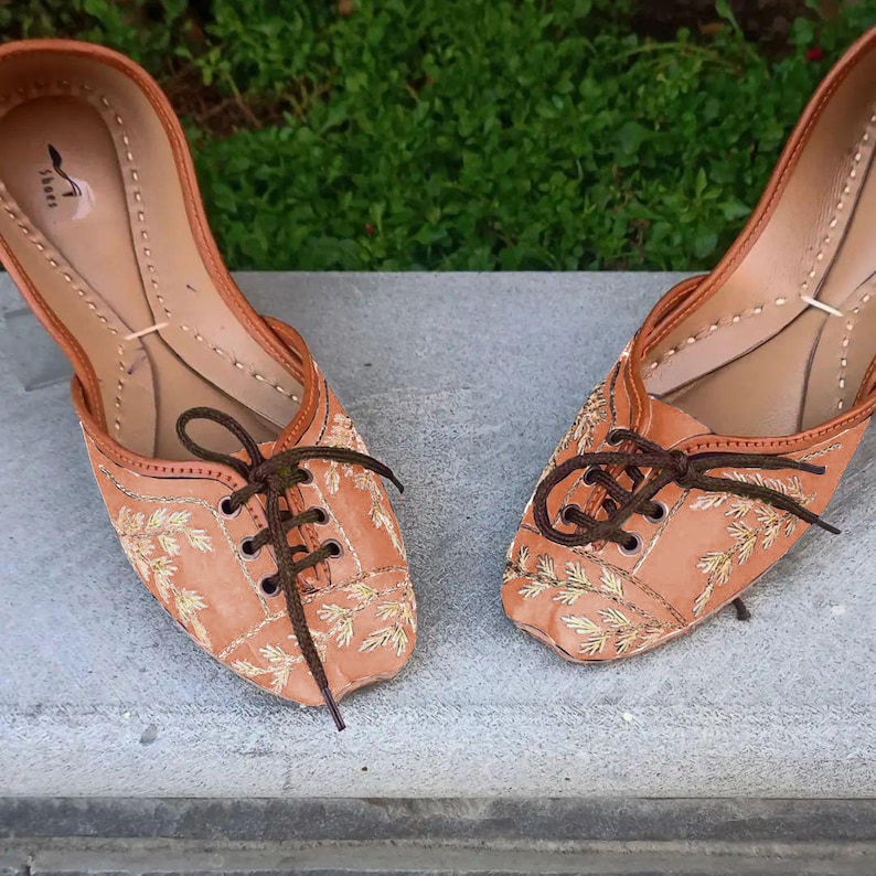 Handmade Lace Up Flats Casual Ethnic Embroidered Shoes Peach Buzz