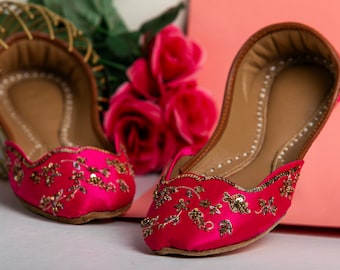 Fuschia Silk Bridal Jutti: Gold Embroidered Flat Wedding Shoes