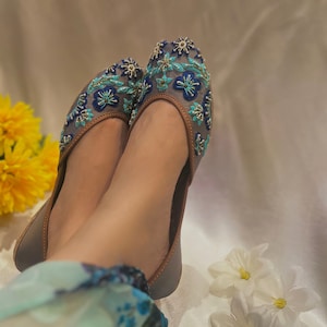 Shades of Blue - Handmade Embellished Silver Women Flats Ballet Flats Silver Khussa Juti Pearl Bridal Shoes Mojari Indian Juttis