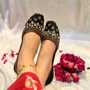 Contemporary Exudation Flats, Black Satin Golden Beaded Jutti, Pearl Sequin Floral Flats, Handmade Formal Khussa, Wide Fit Shoes