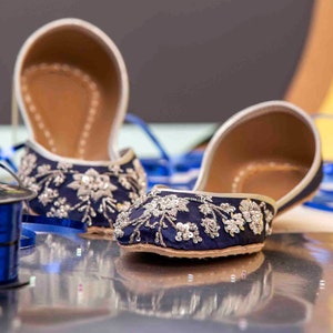 Midnight Blue Handmade Embellished Women’s Flats Blue Ballet Flats Khussa Juti Ethnic Bridal Shoes Mojari Indian Juttis