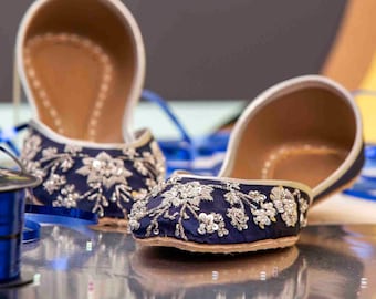 Midnight Blue Bridal Flats Silver Embroidered Wedding Shoes
