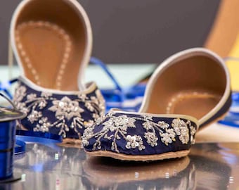 Midnight Blue - Handmade Embellished Blue Women Flats Ballet Flats Blue Khussa Juti Ethnic Shoes Blue Bridal Shoes Mojari Indian Juttis