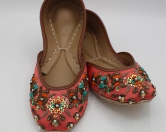 Embellished Peach Satin Jutti Flats: Handcrafted Indian Wedding Shoes