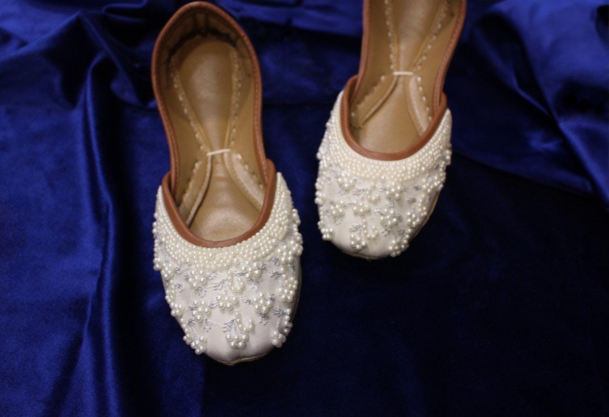Pearl Ensemble -  White Embellished Bridal Flats with Pearls for Weddings, Indian Juttis, Mojaris, Pakistani Khussa Shoes