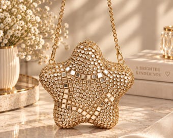 Gold Star-Shaped Clutch Bag: Embellished Evening Purse with Detachable Chain Strap