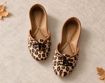Leopard Print Lace Up Ballet Flats for Women, Handmade with Tan Trim