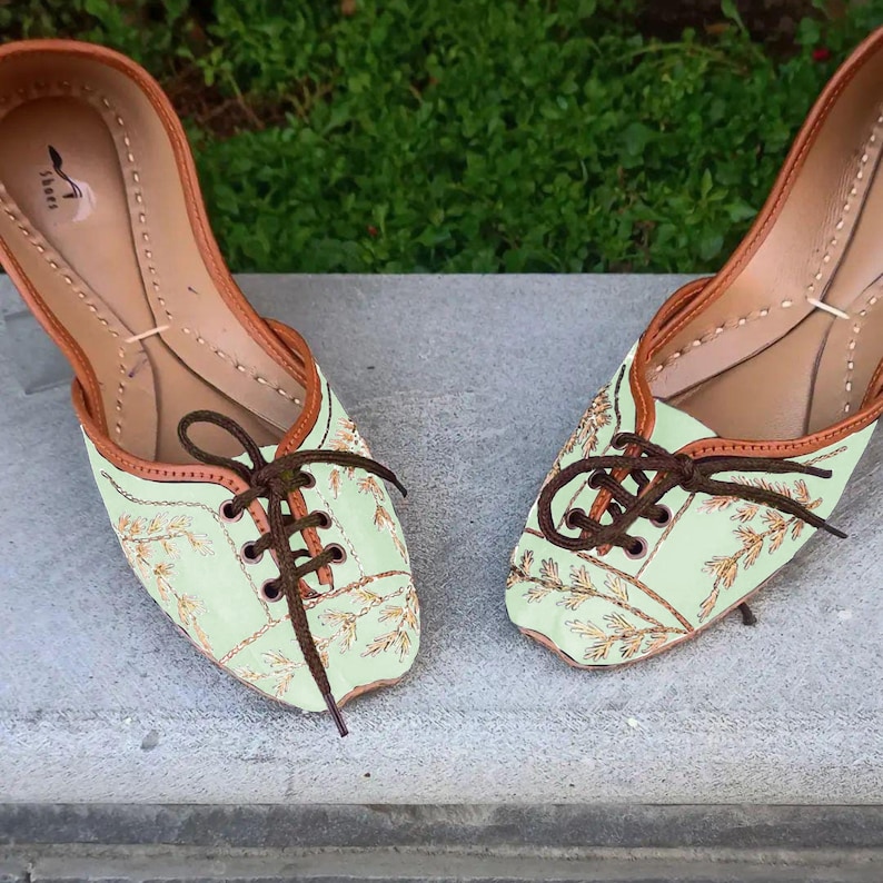 Handmade Lace Up Flats Casual Ethnic Embroidered Shoes Sage Green