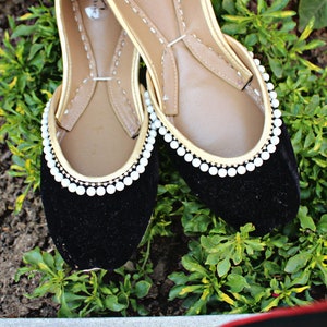 Velvet Elegance Flats, Black Velvet Casual Jutti with Rhinestone Lace & Pearls, Handmade Everyday Khussa, Minimalist Festive Shoes