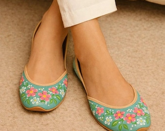 Teal Floral Hand-Painted Khussas: Artisanal Punjabi Juttis for Wedding and Casual Wear