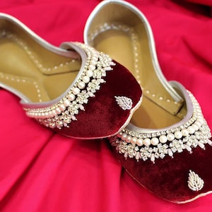 Rougé Royalty Maroon Embellished Ballet Flats for Brides Custom Wide-Fit Wedding Shoes Mojari Rouge Ballerines Traditional Bridal Flats