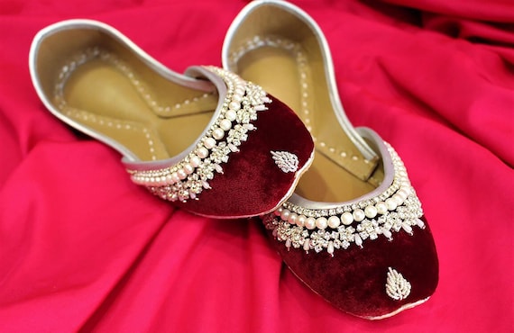 Maroon Wedding Juttis: Silver Dabka Embroidery, Pearl & Rhinestone Pakistani Khussa