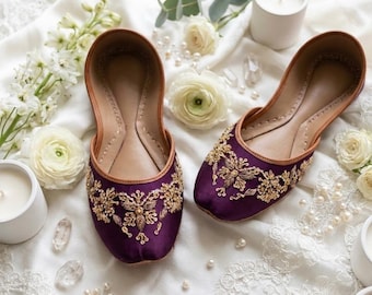 Purple Satin Bridal Flats Gold Embroidered Wedding Evening Shoes