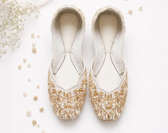 White Satin Bridal Flats - Gold Embroidered Pearl Wedding Shoes