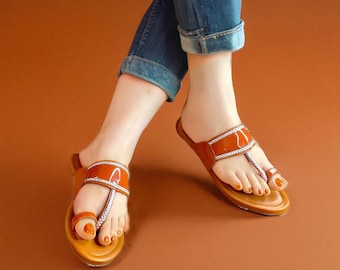 Handcrafted Kolhapuri Sandals: Camel Brown Indian Flats with Silver Braid