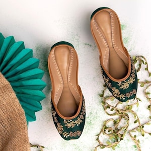 Green Bridal Flats: Copper Embellished Ethnic Shoes