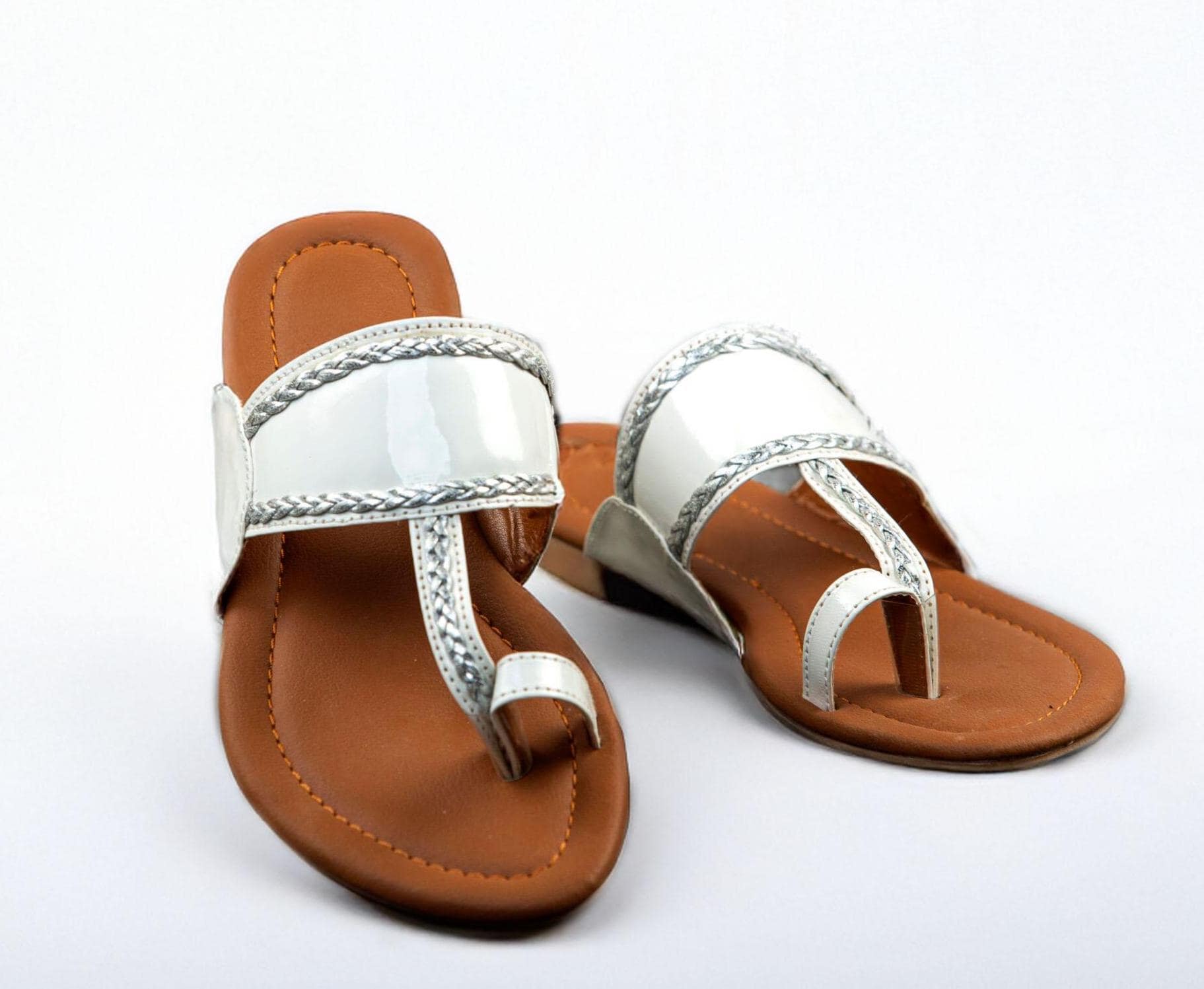 White Radiance Indian Kolhapuri Flats - Glossy White with Silver Braid…