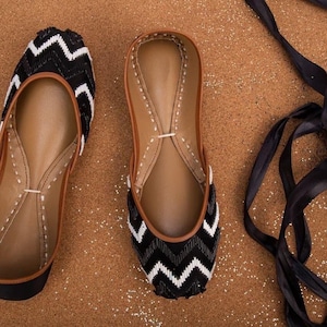 Chevron Insignia Flats, Black Satin Beaded Jutti, White Black Chevron Shoes, Modern Handmade Flats, Outdoor Casual Formal Shoes, Wide Fit